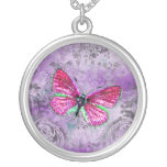 GC | Vintage Purple Damask - Pink Butterfly Pendant