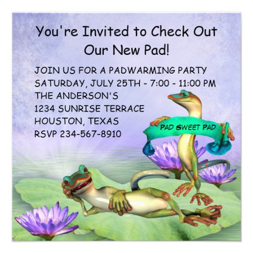 Gecko Water Lily Pad Fun Housewarming Party Personalized Invitations