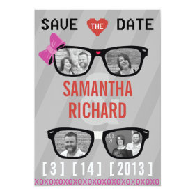 Geek Glasses  & Hearts Wedding Save the Date 5x7 Paper Invitation Card