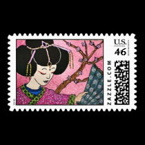 Geisha and Cherry Blossom Postage Stamp stamps