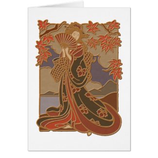 Geisha in Black Kimono and Fan card