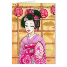 Geisha in Pink Kimono Blank Note Card
