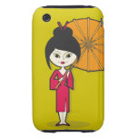 Geisha Lady cartoon on a green background Tough iPhone 3 Cases