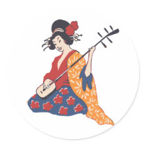 Geisha playing shamisen round stickers