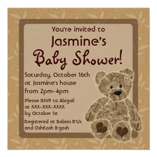 Gender neutral brown teddy bear shower invites
