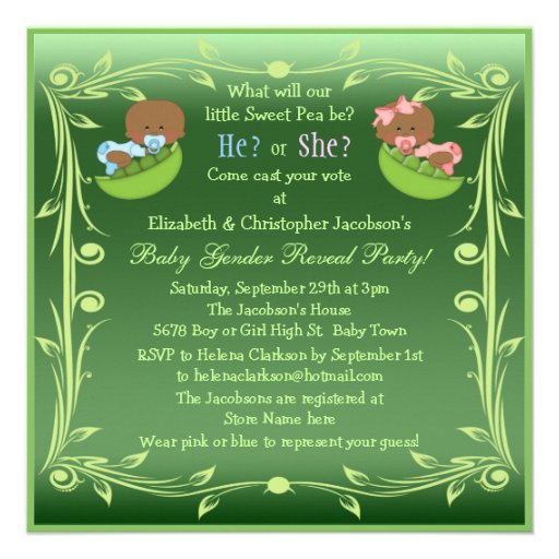 Gender Reveal African American Babies in Pea Pods Personalized Invites