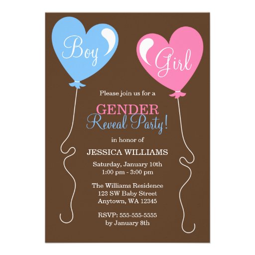 Gender Reveal Heart Balloons Pink and Blue Personalized Invite