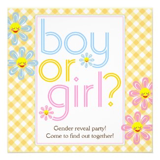 Gender reveal party text design with daisy flowers personalized invite