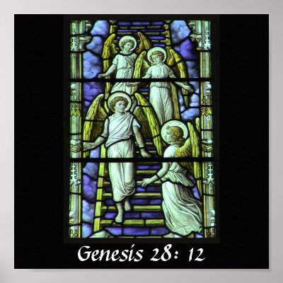 Size 15 x 15 poster of Genesis 28: 12 of angels desending and ascending a staircase between Heaven and Earth.