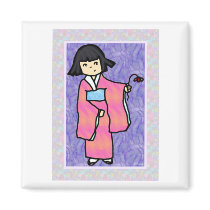 Gentle Kimi in a Kimono Holding a Flower Magnet