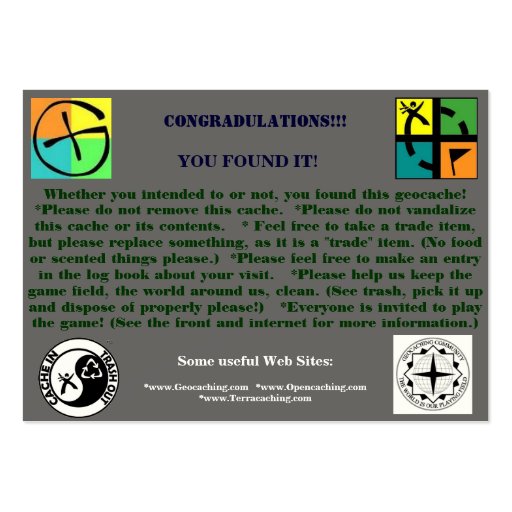Geocaching Trail Card - By: WV Little Eagle Business Card Template (back side)