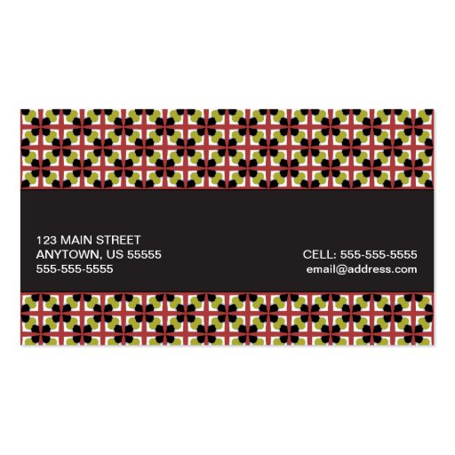 Geometric pattern maroon, olive, & black business card template (back side)