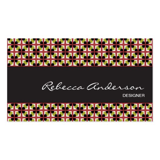 Geometric pattern maroon, olive, & black business card template (front side)