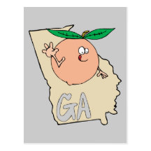 Georgia GA Cartoon Map with funny smiling peach Post Cards