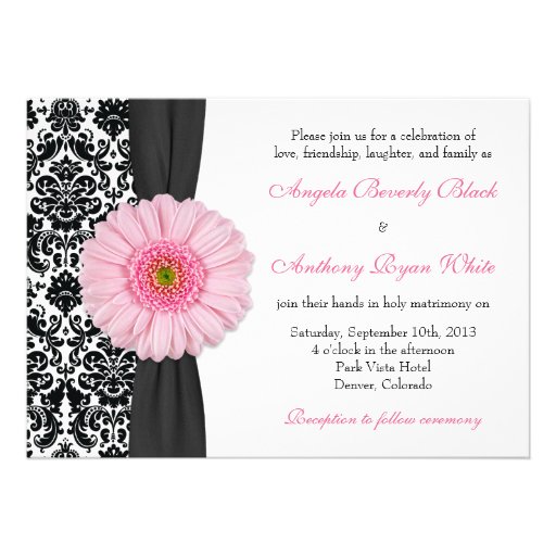 Gerber Daisy Pale Pink Black White Damask Wedding Personalized Invitation