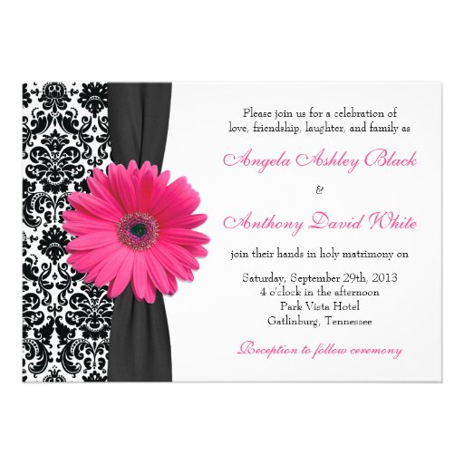 Gerber Daisy Pink Black White Damask Wedding Custom Invitation