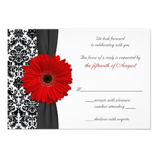Gerber Daisy Red Black Damask Wedding Reply Card Personalized Invitations