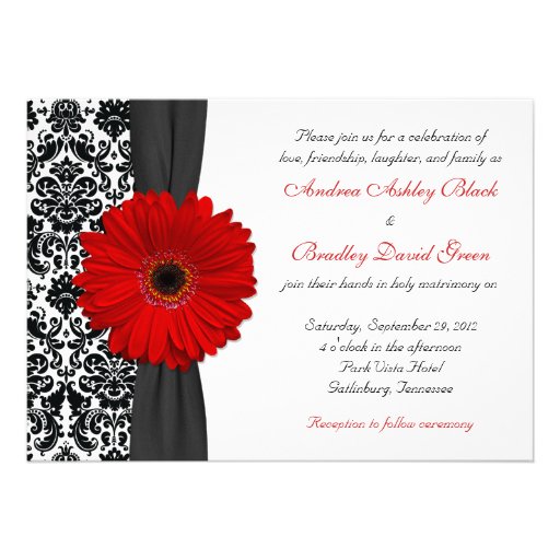 Gerber Daisy Red Black White Damask Wedding Personalized Invites