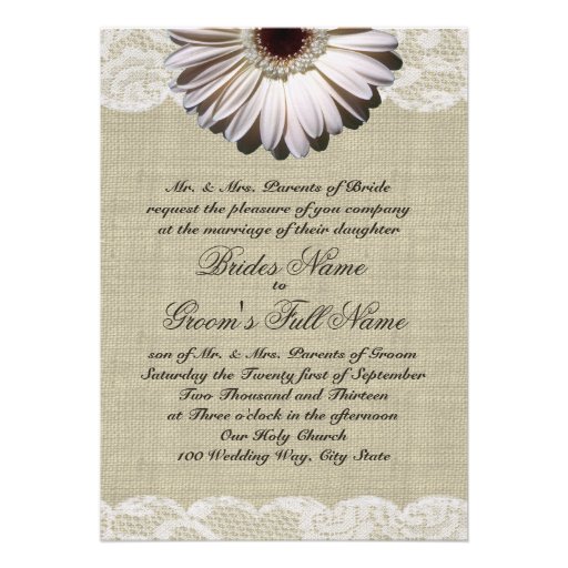 Gerbera Daisy and Lace Country Burlap Wedding Personalized Invites