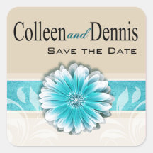 Gerbera Daisy Scroll 1 | teal oatmeal Square Stickers
