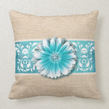 Gerbera Daisy Scroll Burlap 1 teal bandeau Pillow