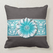Gerbera Daisy Scroll Burlap 1 teal bandeau Pillows
