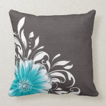 Gerbera Daisy Scroll Burlap 1 teal charcoal Pillows