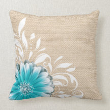 Gerbera Daisy Scroll Burlap 1 teal oatmeal Pillows