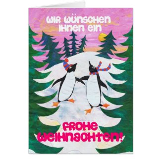 German Christmas Card - Skating Penguins