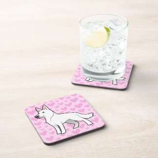 White German Shepherd Love Coaster Cartoon White German Shepherd Pink Love Hearts Coaster