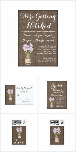 Getting Hitched Mason Jar Burlap Print Purple Flowers Wedding Invitation Set