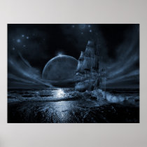 ghost, ships, pirate, phantom, boat, supernatural, spirit, vessel, dark, sailboat, romantic, mystery, poltergeist, painting, silhouette, light, sea, dusk, sky, stars, flying, dutchman, surrealism, solitude, ocean, water, moonlight, isolation, moon, neosurrealism, inspiring, ocean posters, nature, landscapes, Poster with custom graphic design