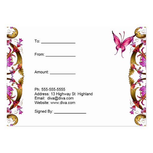 Gift Certificate Elegant Floral Gold Pink Black Business Card Template (back side)
