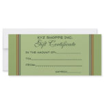 Gift Certificate green biege stripes Custom Rack Card