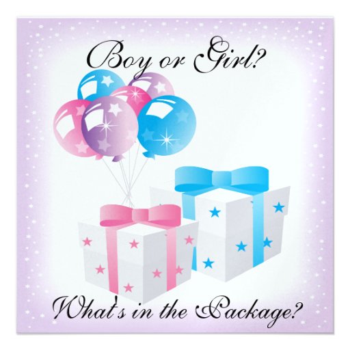 Gifts and Balloons Baby Gender Reveal Party Invit Personalized Announcements (front side)