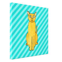 Ginger Cat on Teal Stripes. Stretched Canvas Print