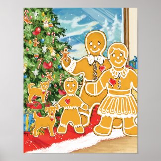 Gingerbread Family With Their Christmas Tree Print