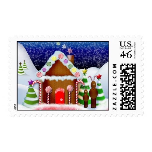 Gingerbread house with reindeer postage stamp