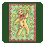 Gingerbread Man Blowing his Horn, Christmas Candy Square Sticker