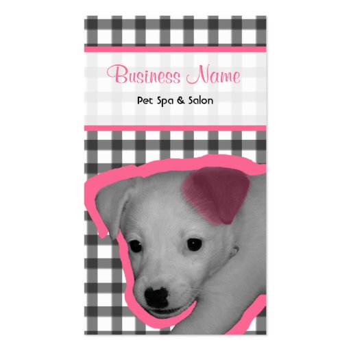 Gingham and Pink Ear Dog Pet Spa & Salon Business Cards (front side)