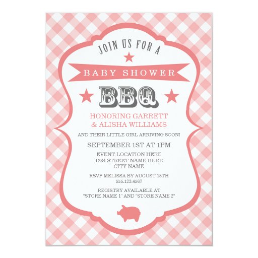 Gingham Barbecue Baby Shower Invitation / Coral Invitations (front side)