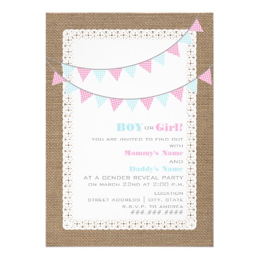 Gingham Bunting Gender Reveal Party Invitation (front side)
