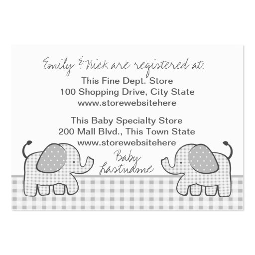 Gingham Elephant Gift Registry Card Business Card Templates (front side)