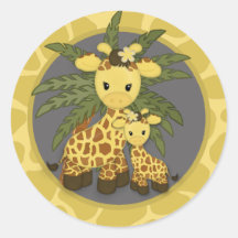 Giraffe Baby Shower seal Mommy Gray Yellow Round Sticker