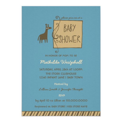 Giraffe Blue Baby Boy Shower Invitation