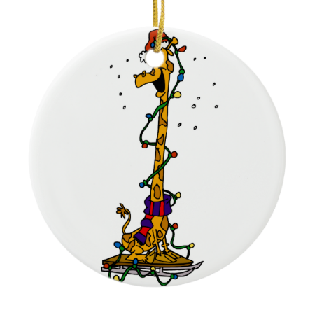 Giraffe in lights on sled Double-Sided ceramic round christmas ornament