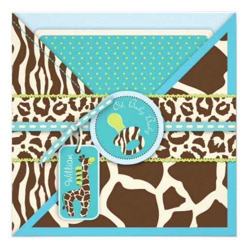 Giraffe & Pacifier Safari Animal Print Baby Shower Personalized Announcement