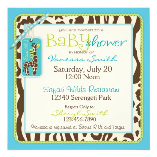 Giraffe & Pacifier Safari Animal Print Baby Shower Personalized Announcement