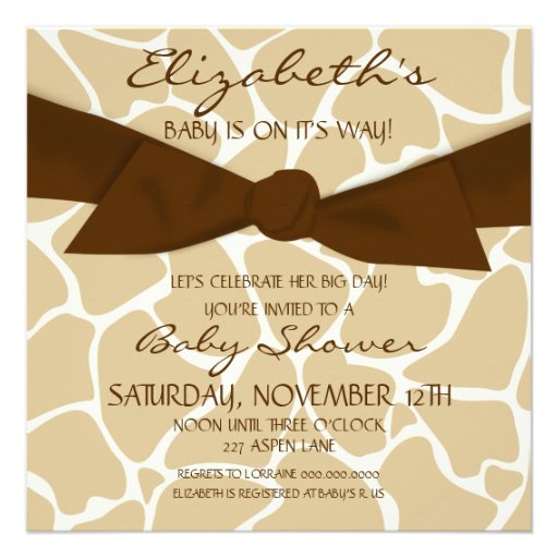 Giraffe Pattern Baby Shower Invite with Brown Bow