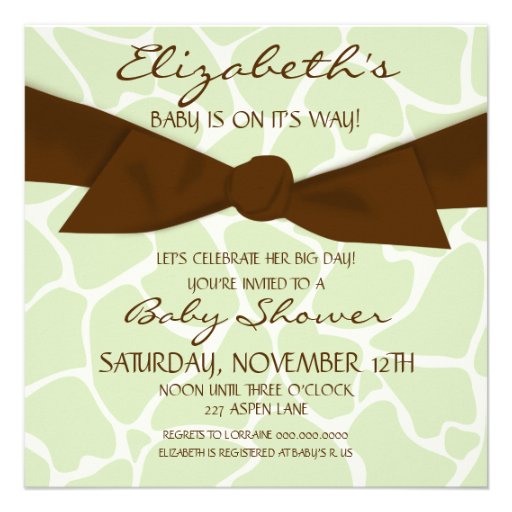 Giraffe Pattern Baby Shower Invite with Brown Bow